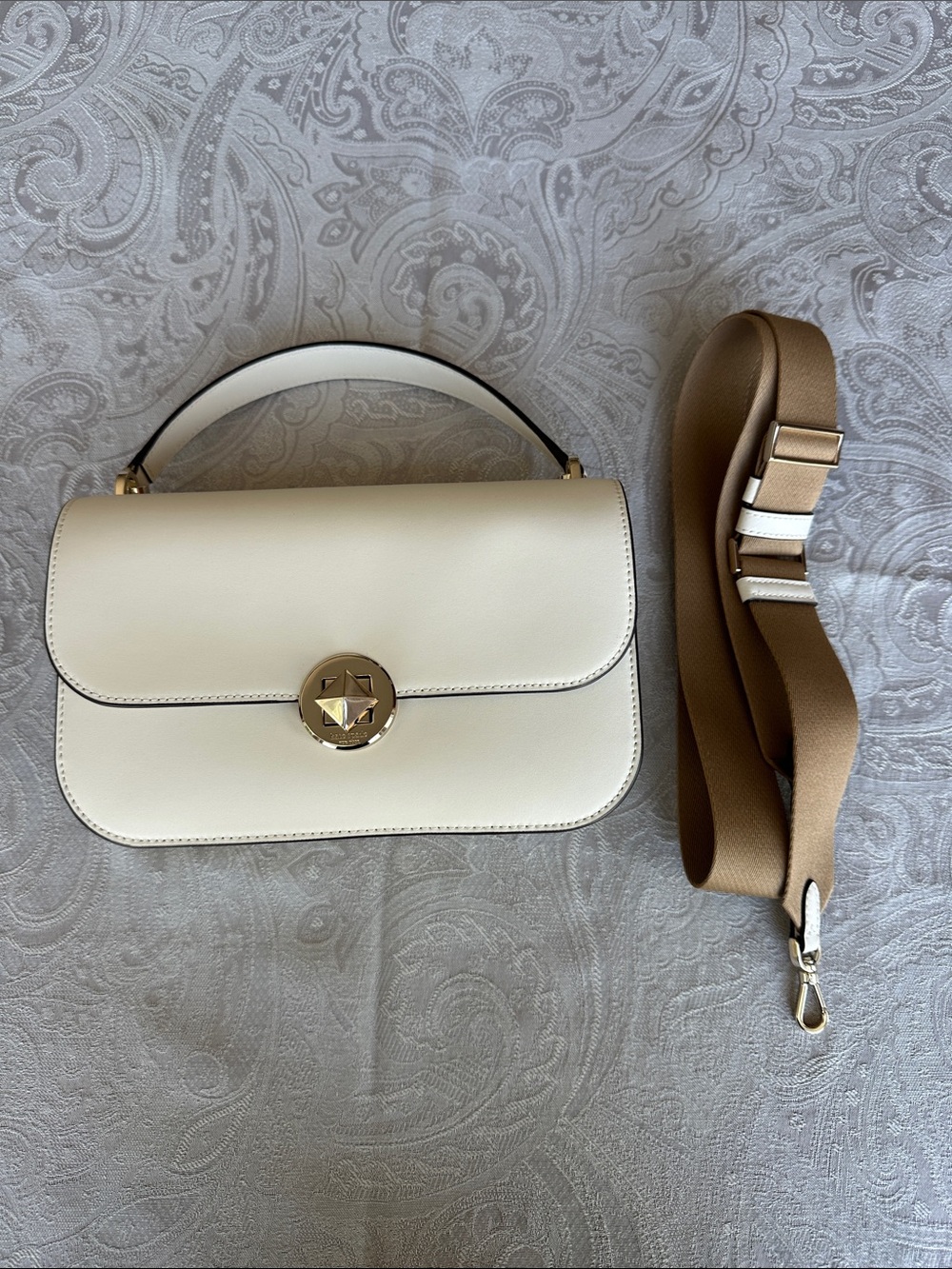 kate spade Cream Leather Top-Handle Satchel with Gold Hardware and Tan Strap